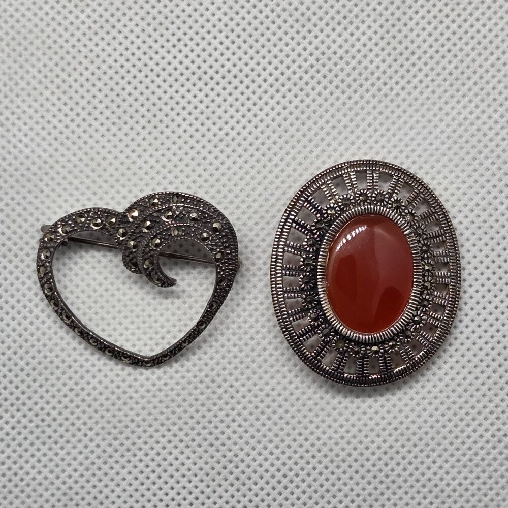 Vintage 925 Sterling Silver Carnelian Marcasite Oval Heart Brooches Bundle
